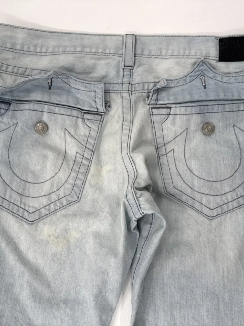 True Religion Jeans Mens 38x34 Ricky Light Blue Denim Distressed Flap Pockets